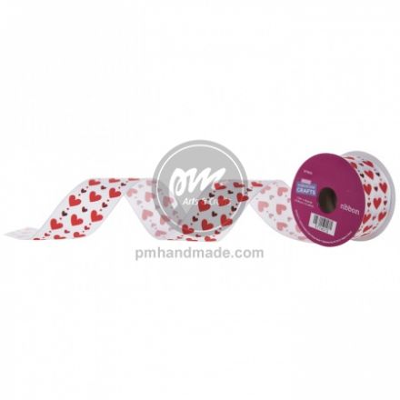Ribbon dãy tim màu đỏ nền trắng 3.81 cm (bán lẻ)