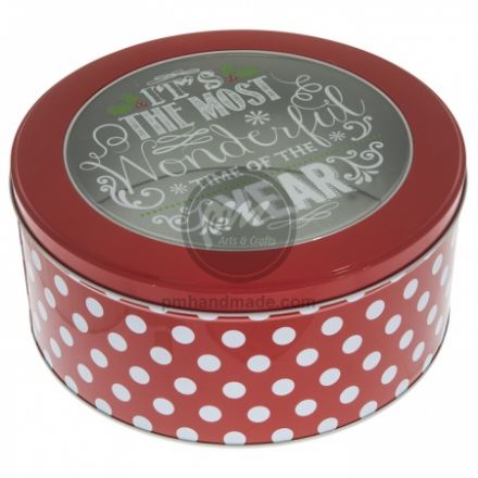 Hộp thiếc tròn chấm bi trắng/đỏ 22x10 cm