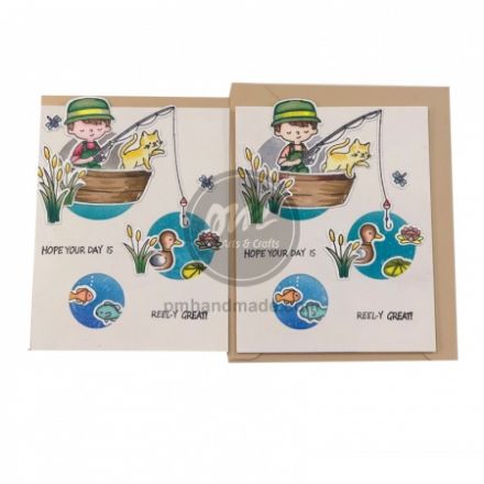 Thiệp handmade cậu bé câu cá 3 hình tròn